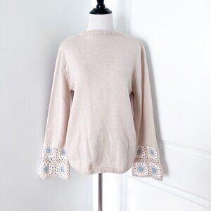 Anthropologie Cream Beige Colored Crochet Sleeve Knit Sweater